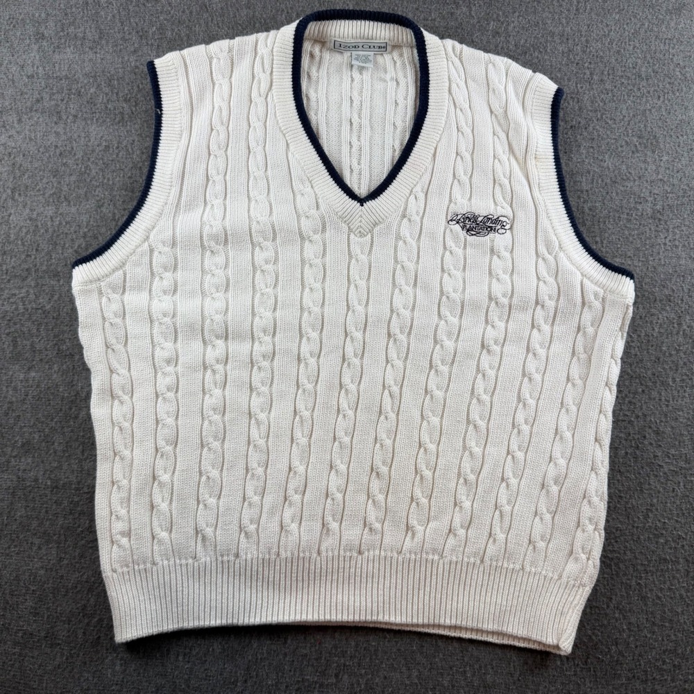 Izod‎ Club Sweater Vest Mens XL Cream Cable Knit Cotton Brick Landing Plantation